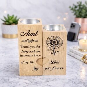 Aunt Engraved Wooden Tealight Holder Set - Natural